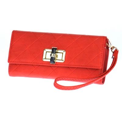 Gold Clasp Faux Leather Diamond Texture Rhinestone Accent Wallet with Wristlet and Strap 33493 - Red